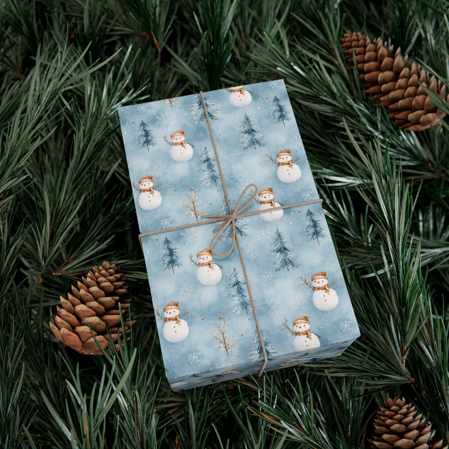 Snowman & Pine Holiday Gift Wrap Paper — Blue Winter Christmas Wrapping Sheets