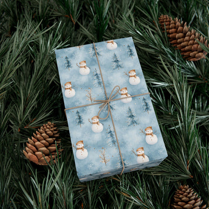 Snowman & Pine Holiday Gift Wrap Paper — Blue Winter Christmas Wrapping Sheets