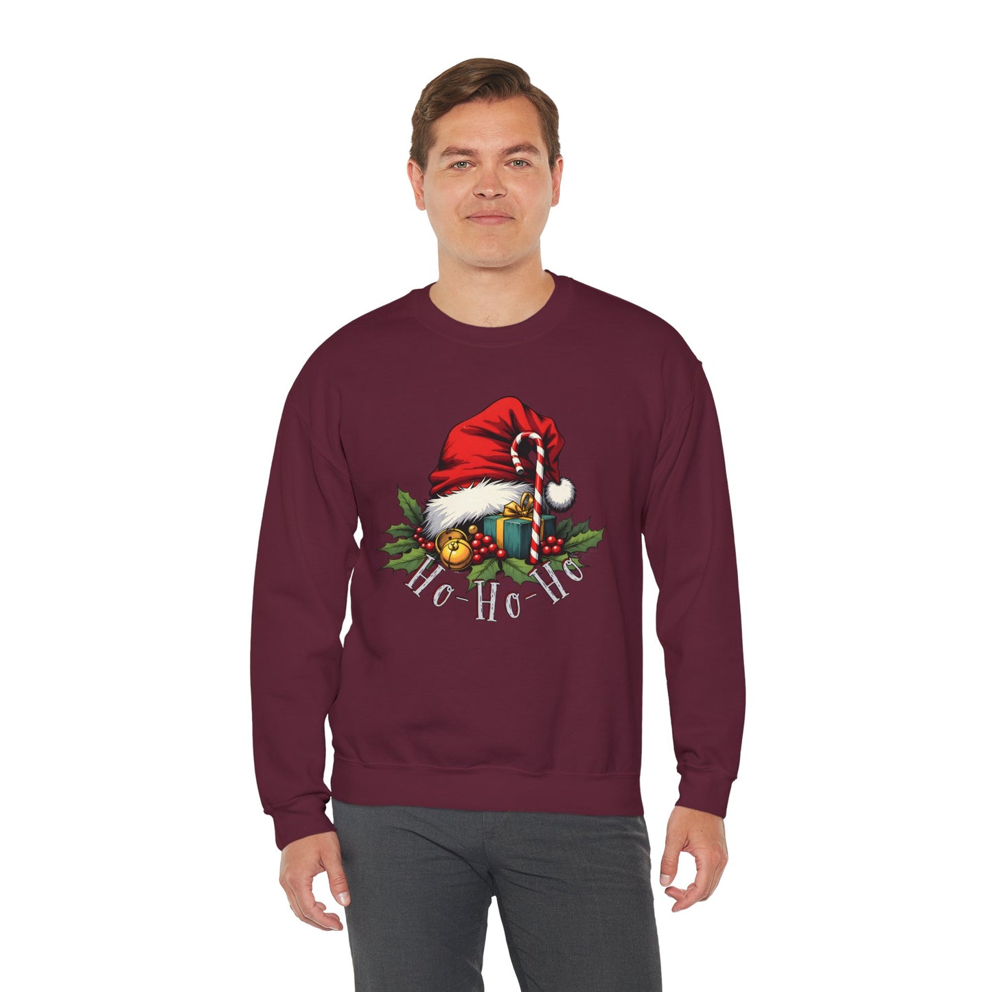 Christmas Sweatshirt - 'Ho-Ho-Ho' Santa Hat & Holly Holiday Crewneck