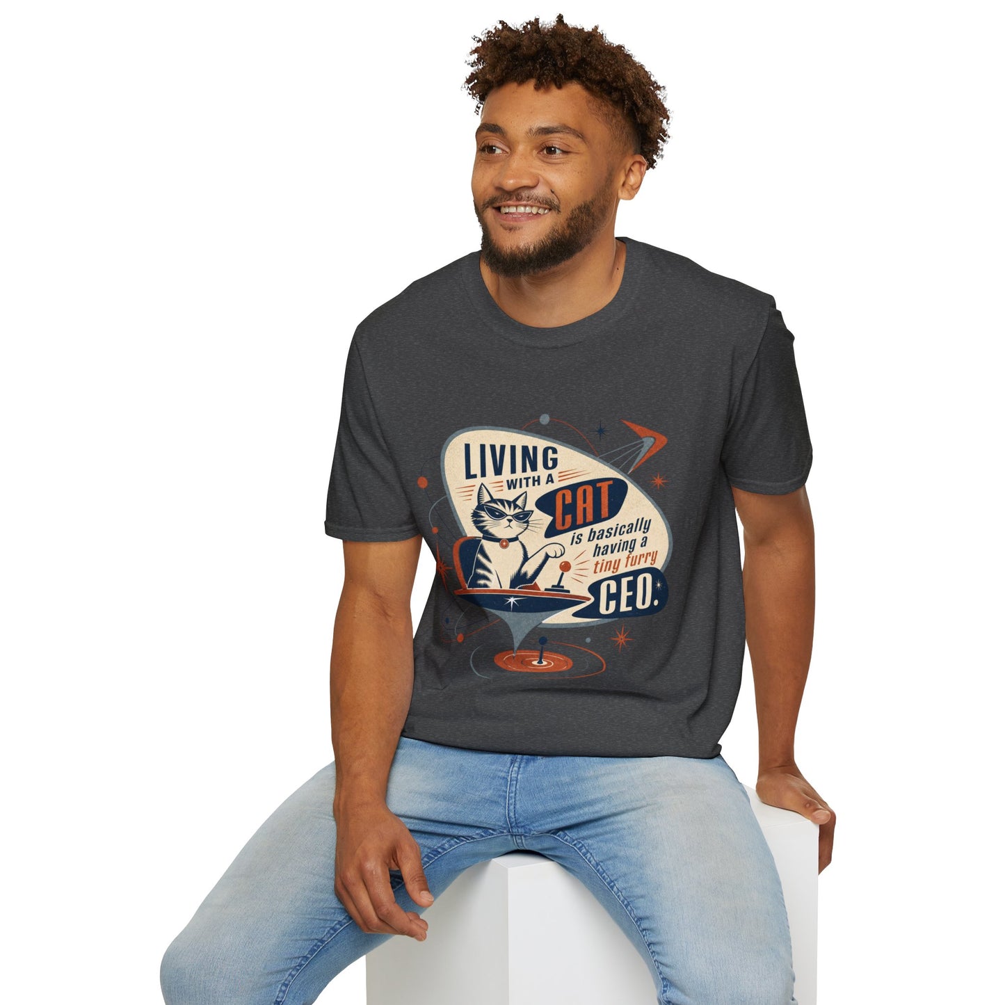 Cat T-Shirt — "Living with a Cat is Basically Having a Furry CEO" Retro Graphic