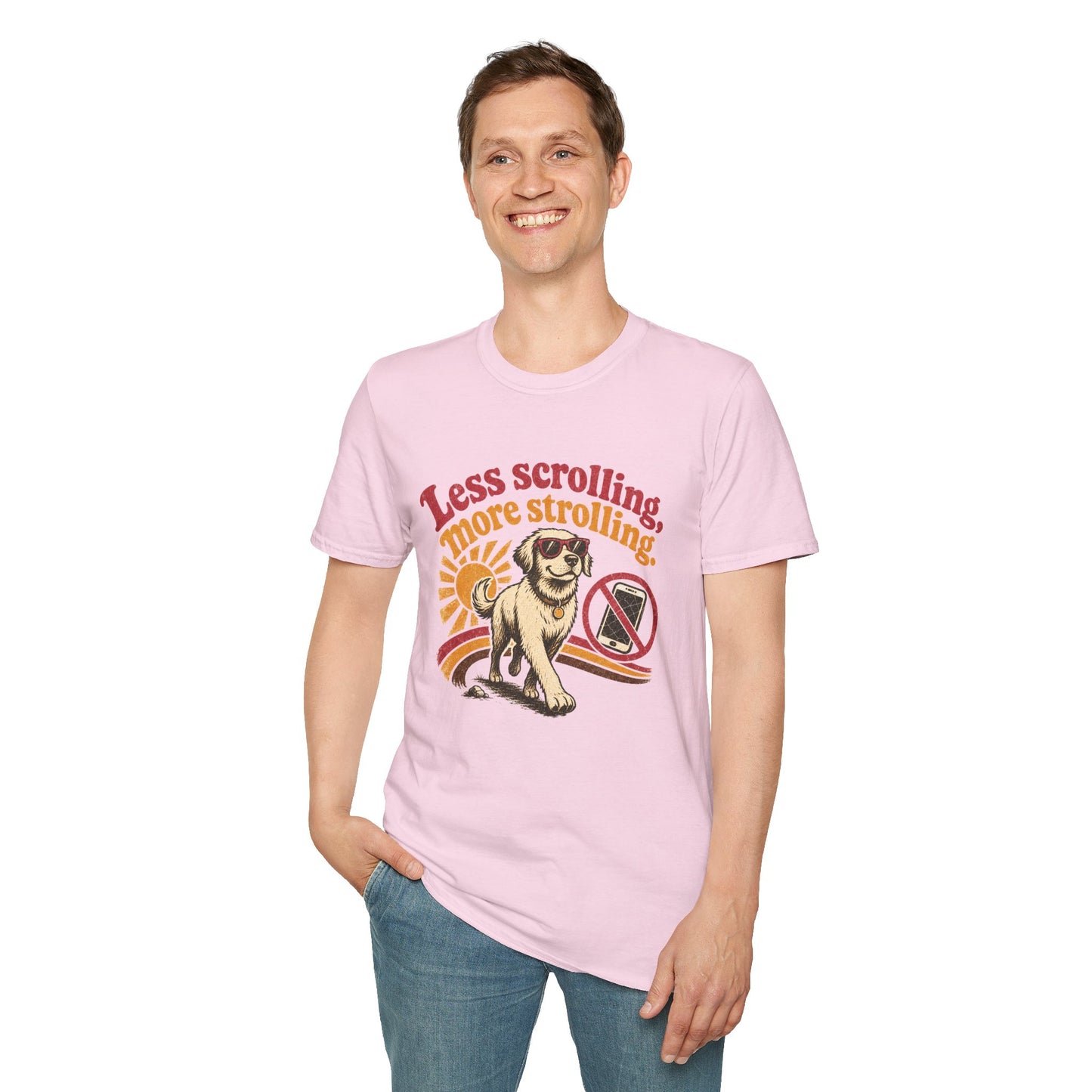 Less Scrolling More Strolling T-Shirt — Retro Dog Walk Graphic Tee