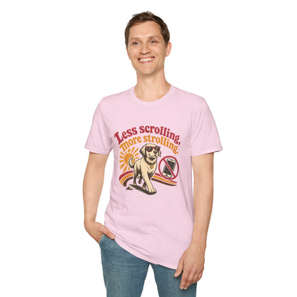 Less Scrolling More Strolling T-Shirt — Retro Dog Walk Graphic Tee
