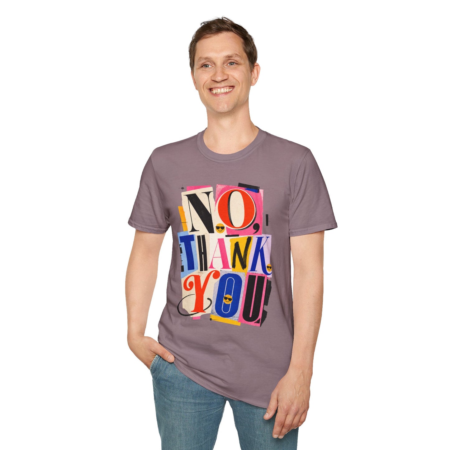 No, Thank You Graphic Tee — Colorful Bold Lettering T‑Shirt