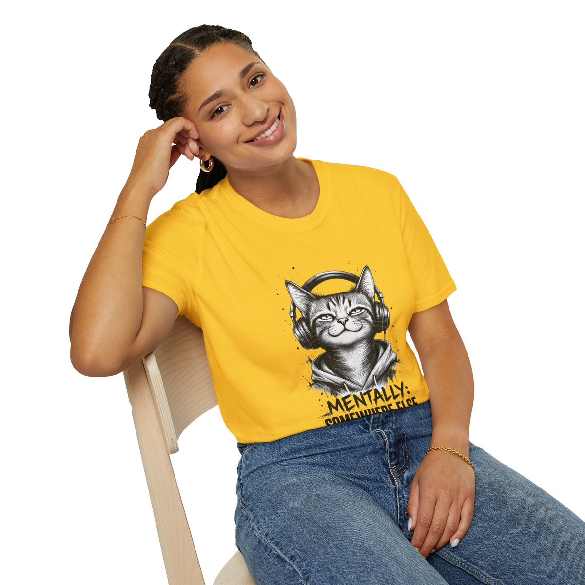 T-Shirt — Cat with Headphones "Mentally: Somewhere Else" – Cute Relaxed Graphic Tee for Cat Lovers