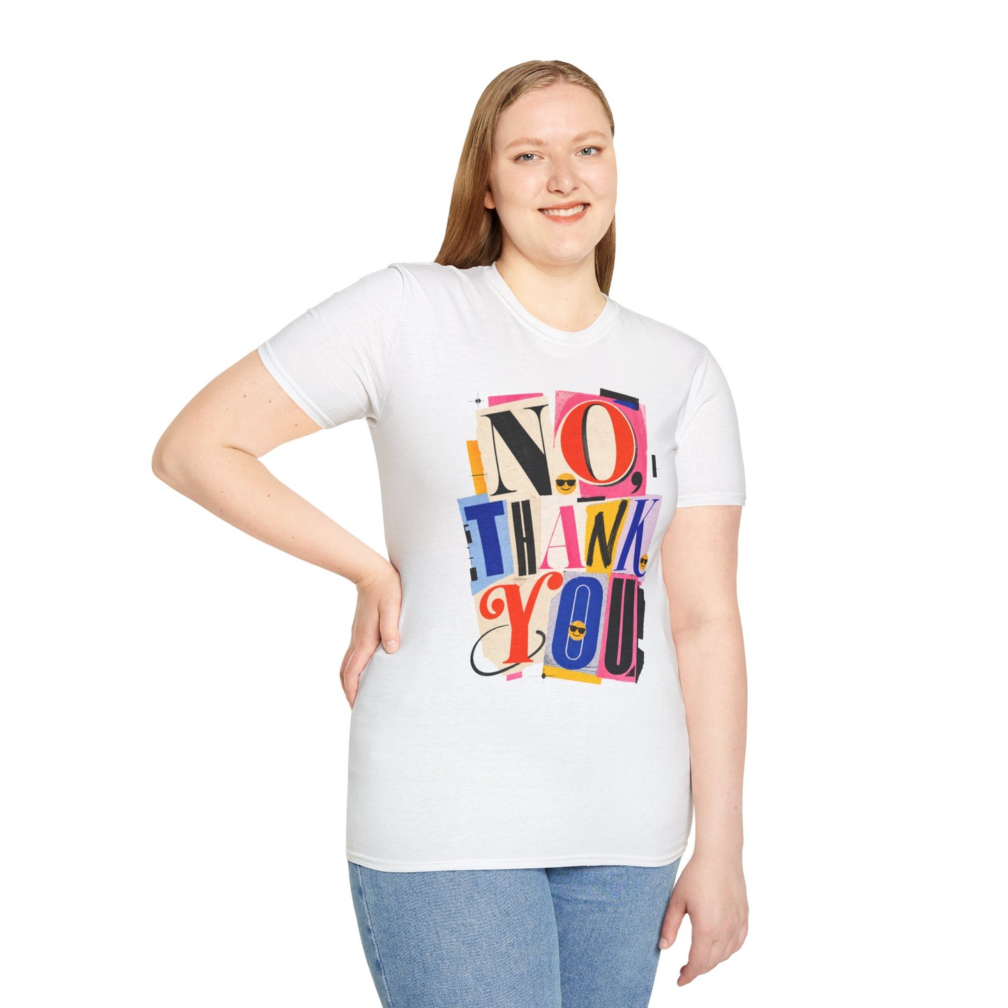 No, Thank You Graphic Tee — Colorful Bold Lettering T‑Shirt