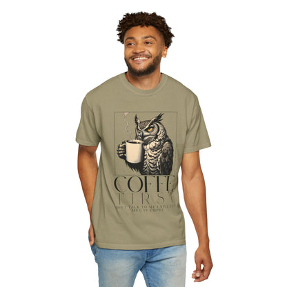 Coffee First Owl T-Shirt — Coffee Lover Graphic Tee