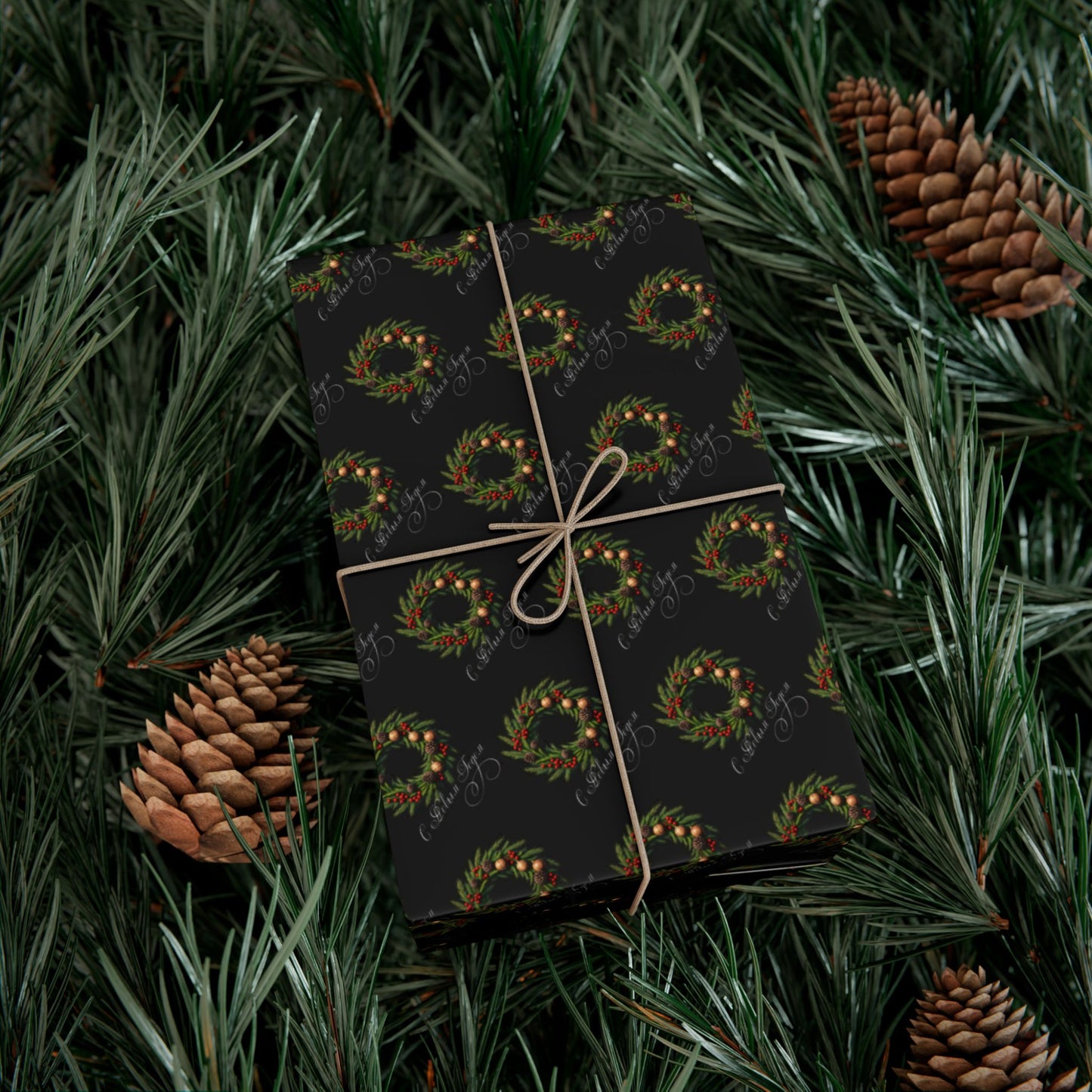 Wreath Pattern Gift Wrap Paper – Black & Gold Holiday Wrapping Sheets