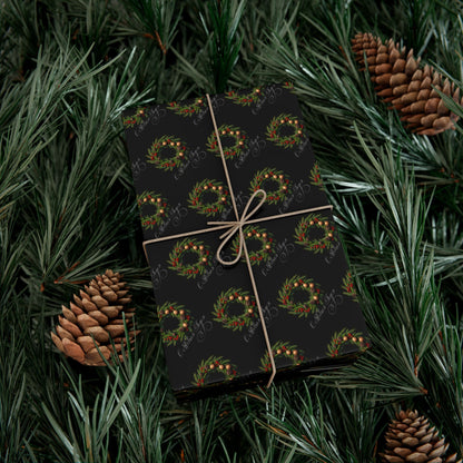 Wreath Pattern Gift Wrap Paper – Black & Gold Holiday Wrapping Sheets