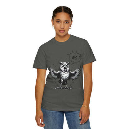 Owl Saying “No” Graphic T-Shirt — Bold Monochrome Illustration