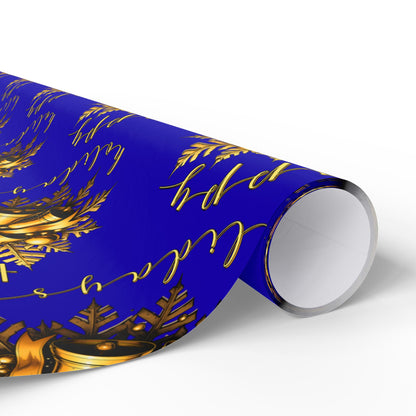 Royal Blue & Gold Holiday Wrapping Paper Roll — Elegant Floral Wreath Pattern