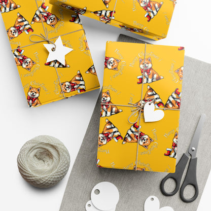 Dog Elf Pattern Gift Wrap Paper — Festive Shiba Inu Wrapping Sheets