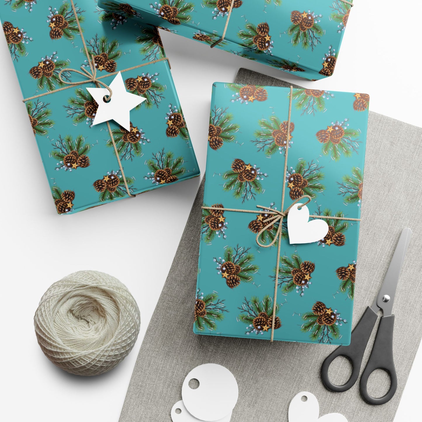 Pinecone Bouquet Gift Wrap - Rustic Teal Holiday Wrapping Paper