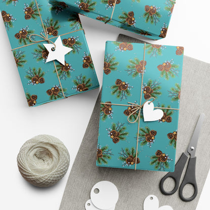 Pinecone Bouquet Gift Wrap - Rustic Teal Holiday Wrapping Paper