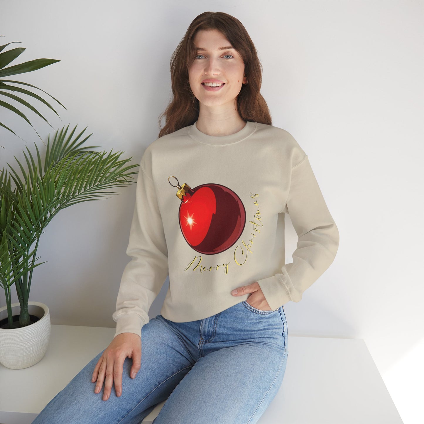 Christmas Ornament Crewneck Sweatshirt — Red Bauble "Merry Christmas" Holiday Sweater