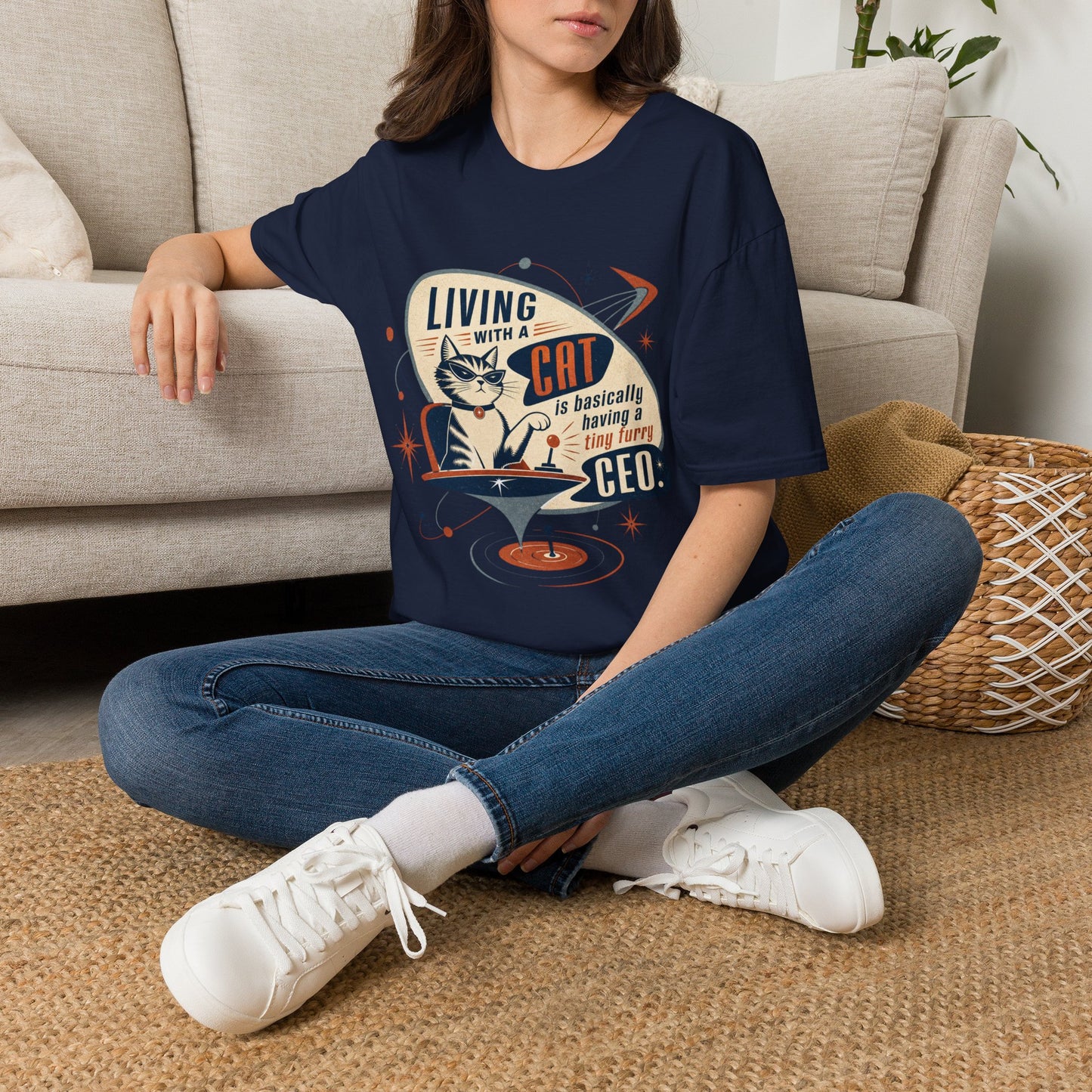 Cat T-Shirt — "Living with a Cat is Basically Having a Furry CEO" Retro Graphic