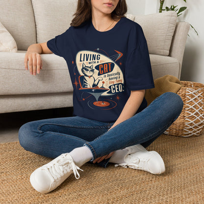 Cat T-Shirt — "Living with a Cat is Basically Having a Furry CEO" Retro Graphic