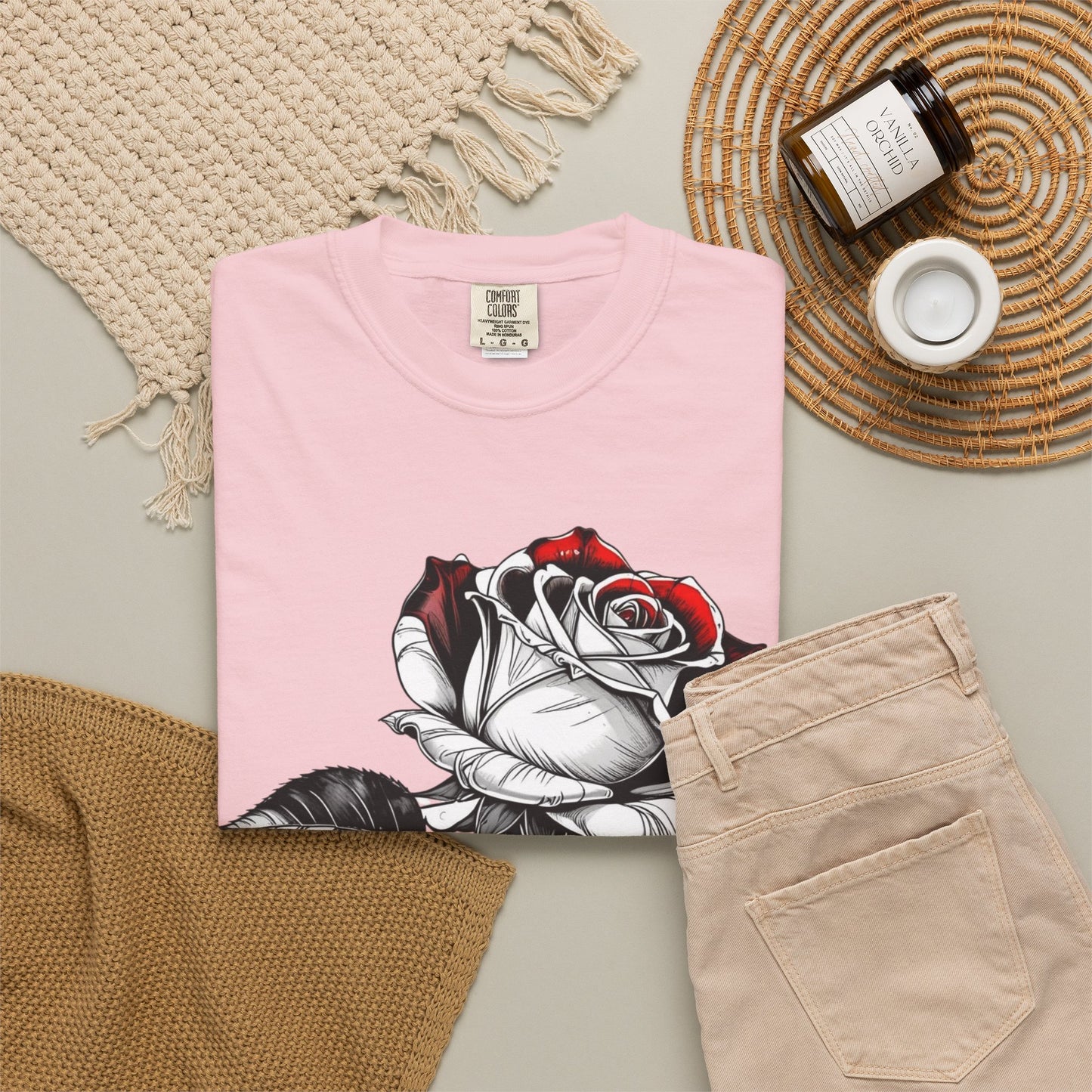 Rose Sketch T-Shirt — Black & Red Botanical Graphic Tee