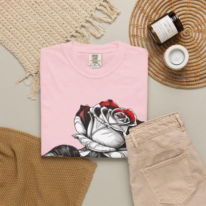 Rose Sketch T-Shirt — Black & Red Botanical Graphic Tee