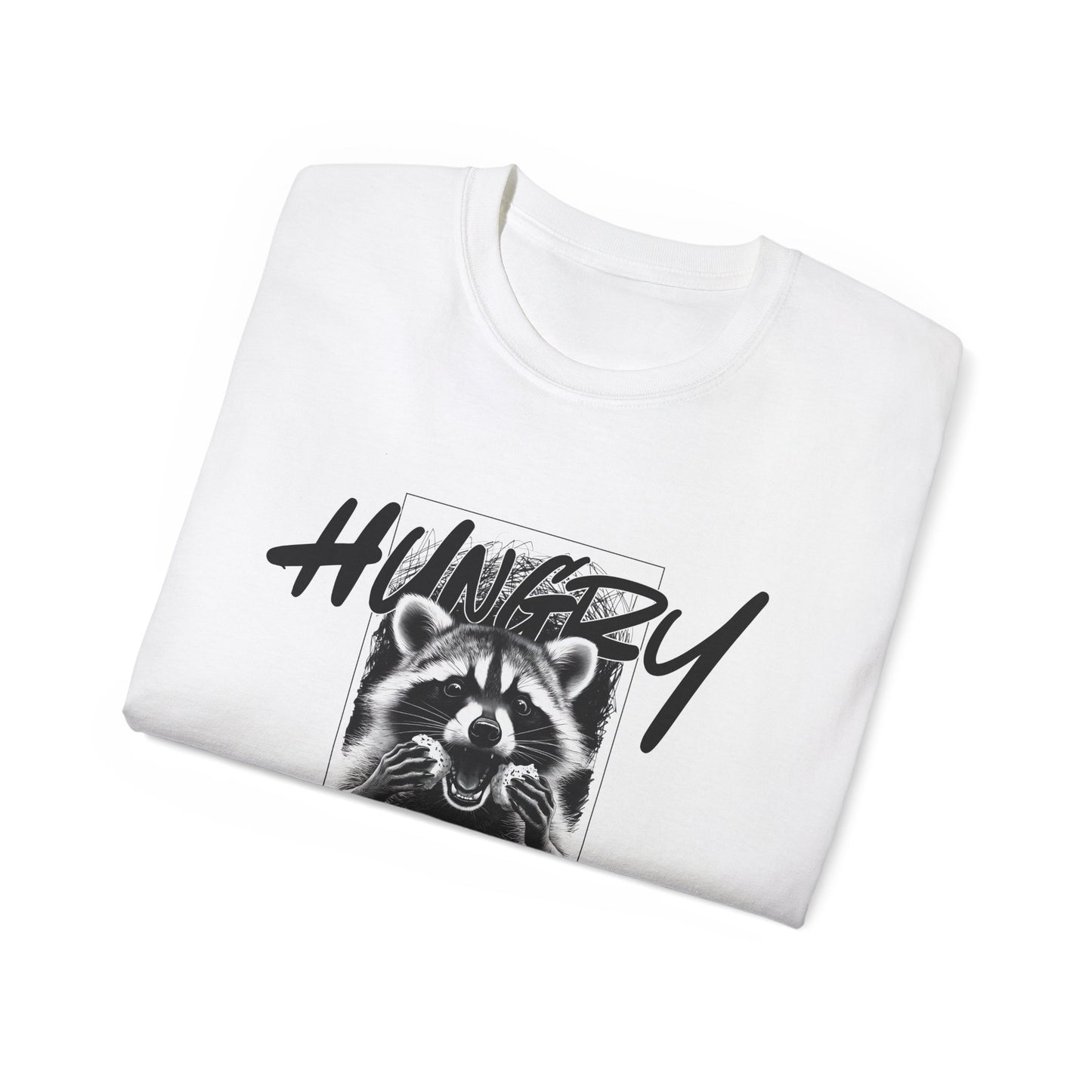 Hungry Raccoon Graphic Tee – Vintage Black & White Animal T-Shirt