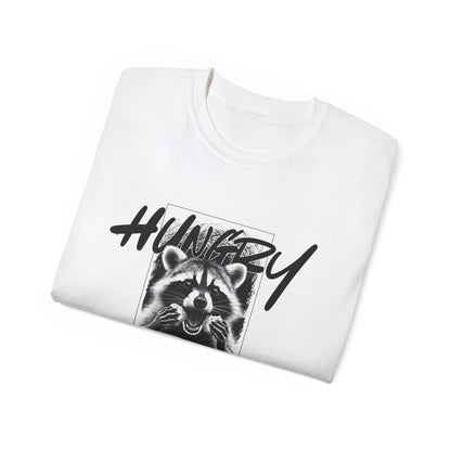 Hungry Raccoon Graphic Tee – Vintage Black & White Animal T-Shirt
