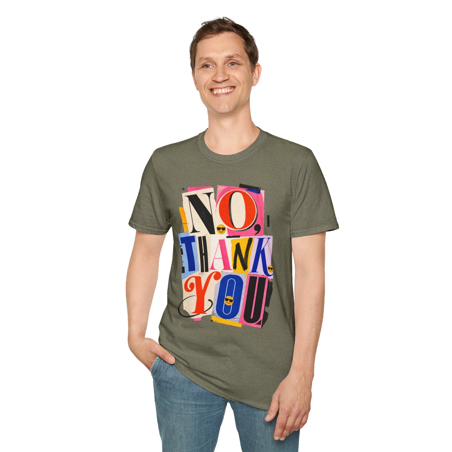 No, Thank You Graphic Tee — Colorful Bold Lettering T‑Shirt
