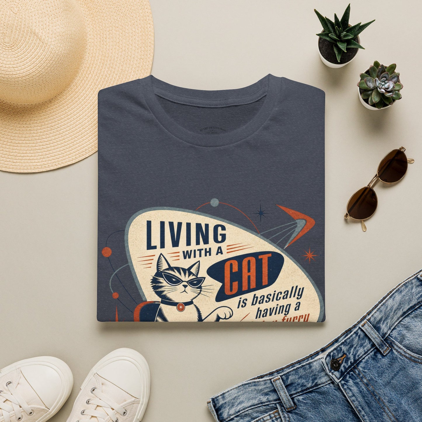 Cat T-Shirt — "Living with a Cat is Basically Having a Furry CEO" Retro Graphic
