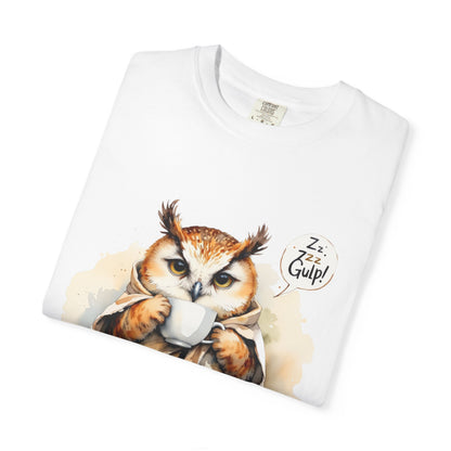 Cozy Owl Drinking Coffee T-Shirt – 'Zzz... Gulp!' Cute Morning Graphic Tee