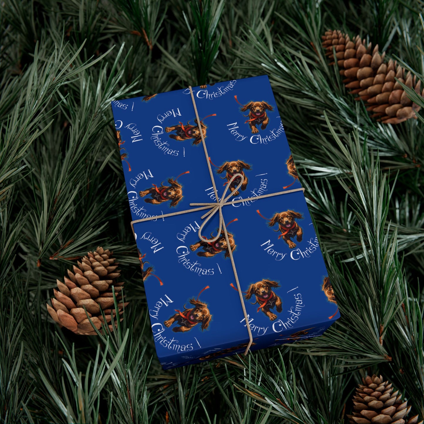 Blue Holiday Wrapping Paper with Reindeer & "Merry Christmas" Pattern