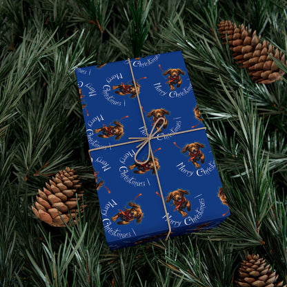 Blue Holiday Wrapping Paper with Reindeer & "Merry Christmas" Pattern