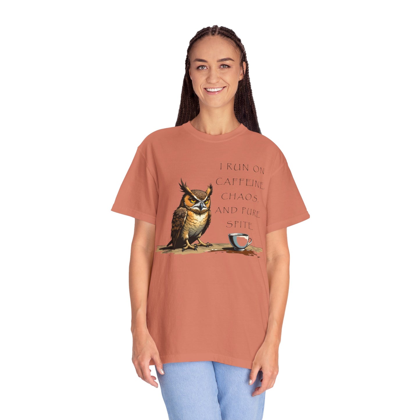 Owl & Coffee T‑Shirt — "I Run On Caffeine, Chaos, And Pure Spite" Graphic Tee
