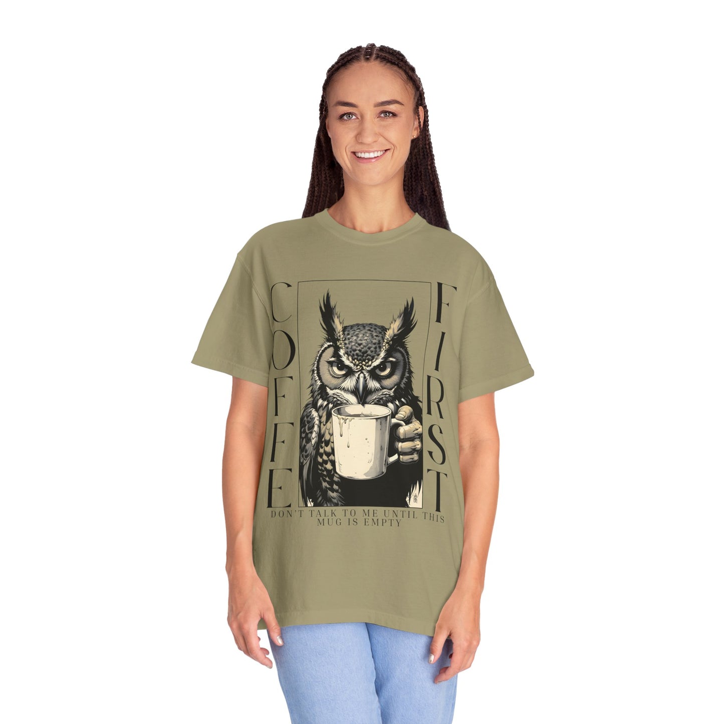 Coffee First Owl T-Shirt — Funny Morning Coffee Tee