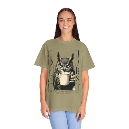 Coffee First Owl T-Shirt — Funny Morning Coffee Tee
