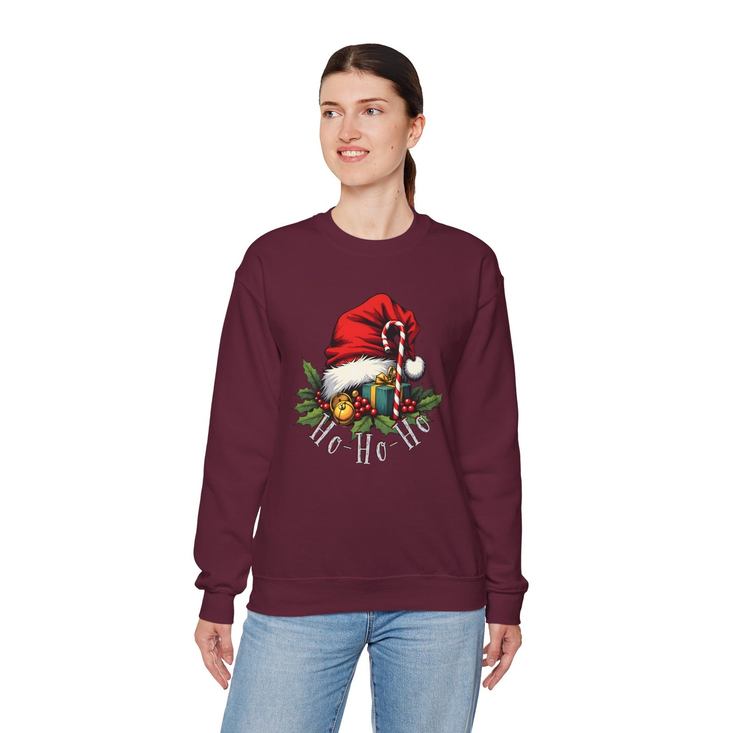 Christmas Sweatshirt - 'Ho-Ho-Ho' Santa Hat & Holly Holiday Crewneck