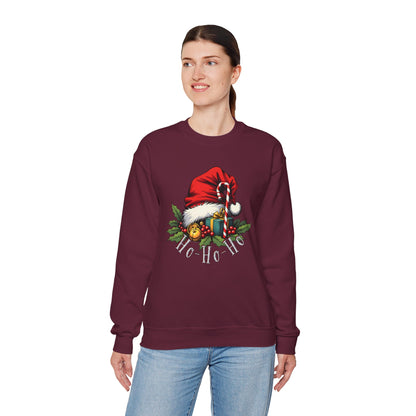 Christmas Sweatshirt - 'Ho-Ho-Ho' Santa Hat & Holly Holiday Crewneck