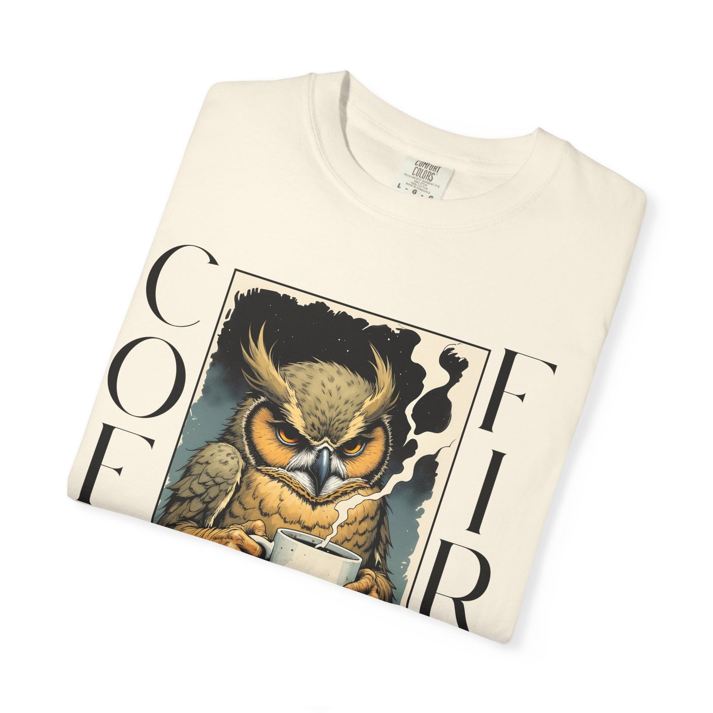 Coffee First Owl T-Shirt — Vintage Owl Holding  Graphic Tee