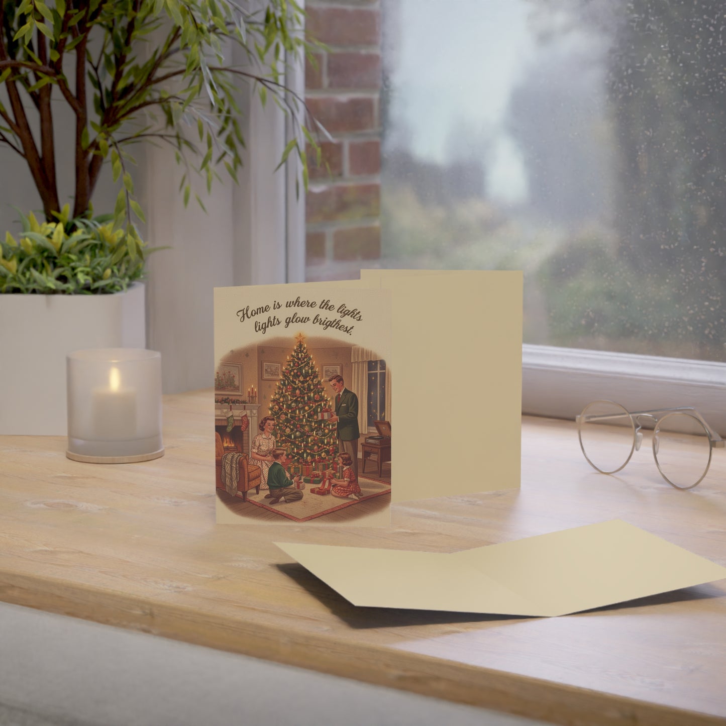Vintage Christmas Greeting Cards – 'Home is Where the Lights Glow Brighter' Holiday Card Pack (1/10/30/50)