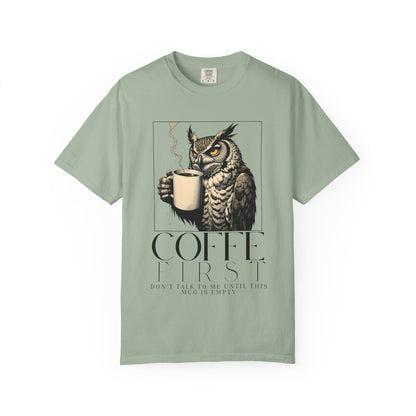 Coffee First Owl T-Shirt — Coffee Lover Graphic Tee