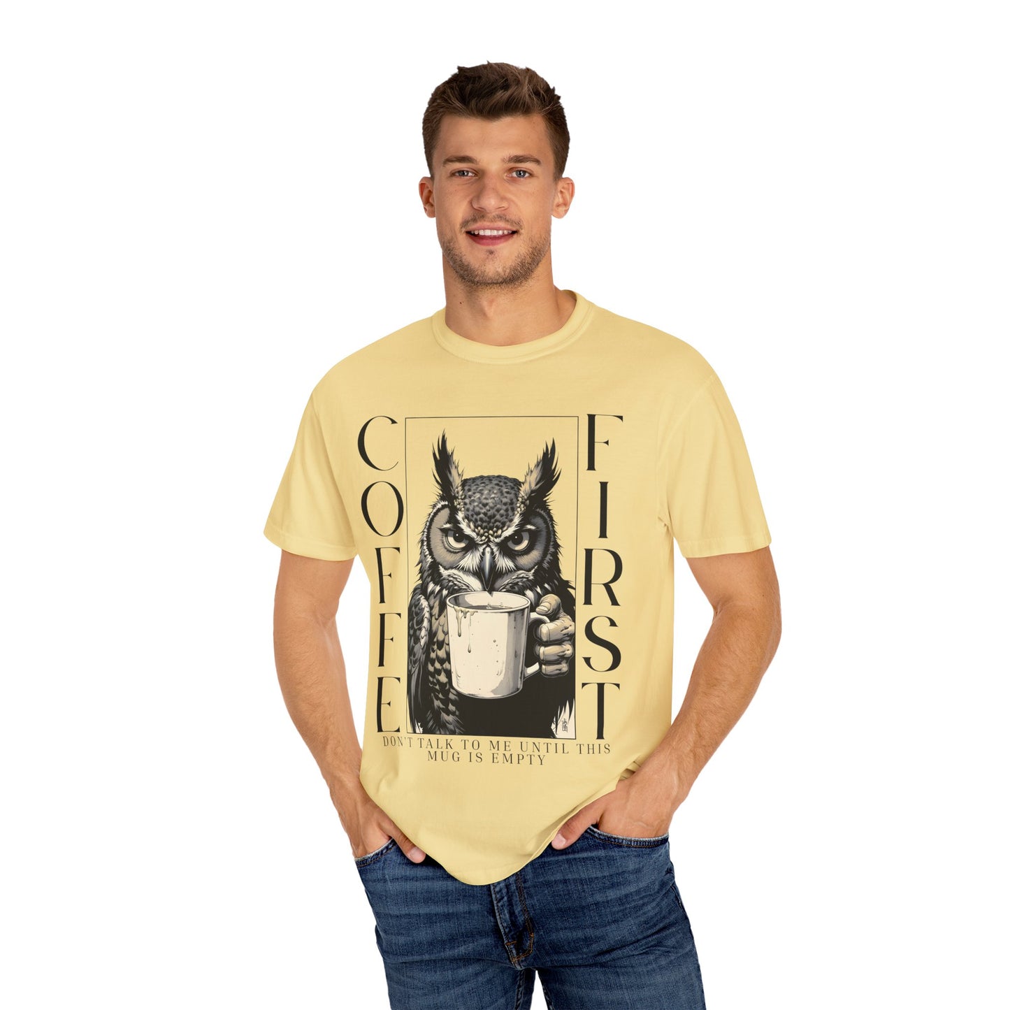 Coffee First Owl T-Shirt — Funny Morning Coffee Tee