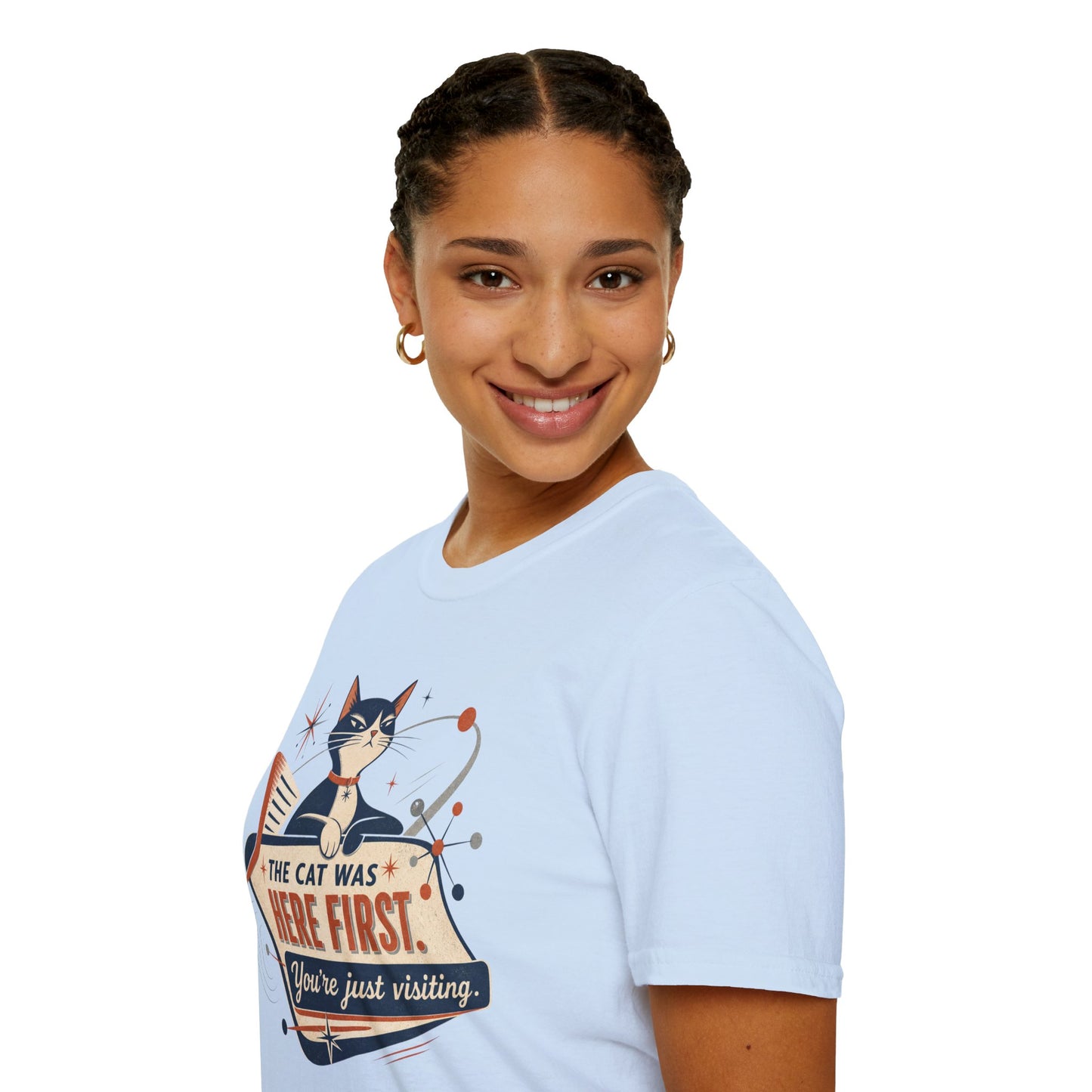 Cat Was Here First T-Shirt — Retro Mid-Century Kitty "You’re Just Visiting" Tee