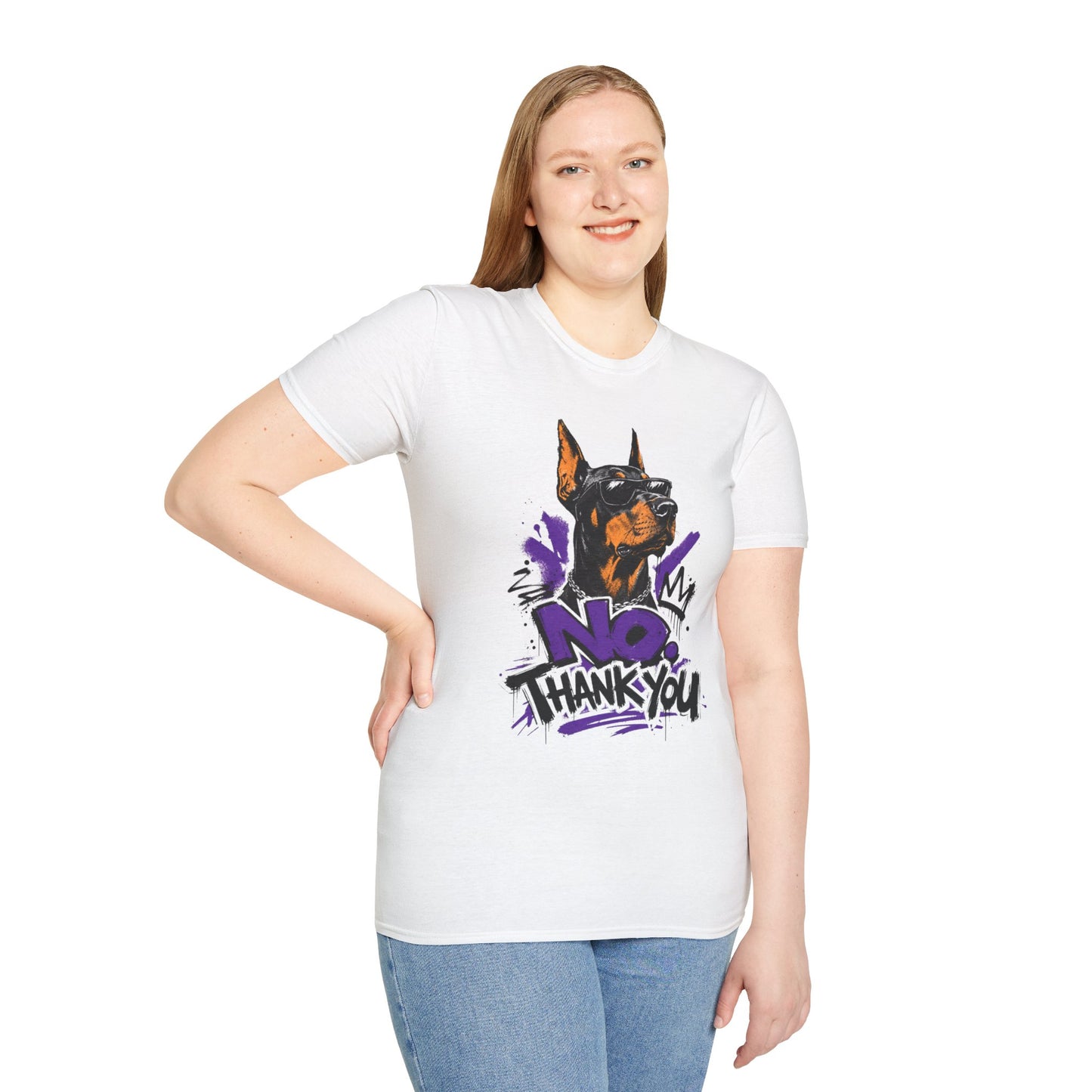 Doberman Graphic Tee — 'No, Thank You' Street Art T-Shirt
