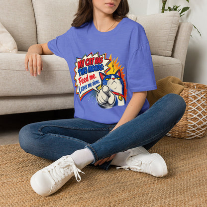 Cat T-Shirt — "My Cat Has Two Moods: Feed Me, Leave Me Alone" Funny Retro Comic Tee