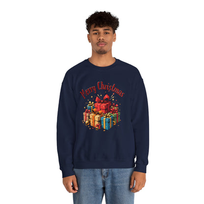 Christmas Crewneck Sweatshirt — "Merry Christmas" with Festive Gift Pile