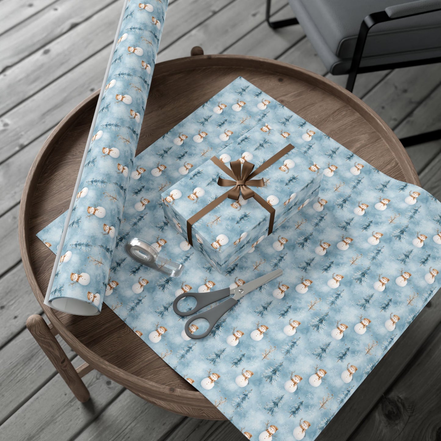 Snowman & Pine Holiday Gift Wrap Paper — Blue Winter Christmas Wrapping Sheets