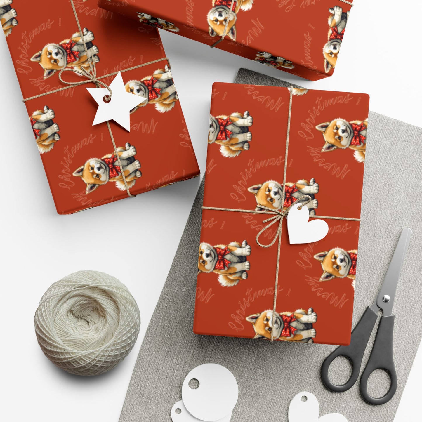 Christmas Corgi Gift Wrap Paper — Red Holiday Wrapping Paper with Cute Corgi Dogs