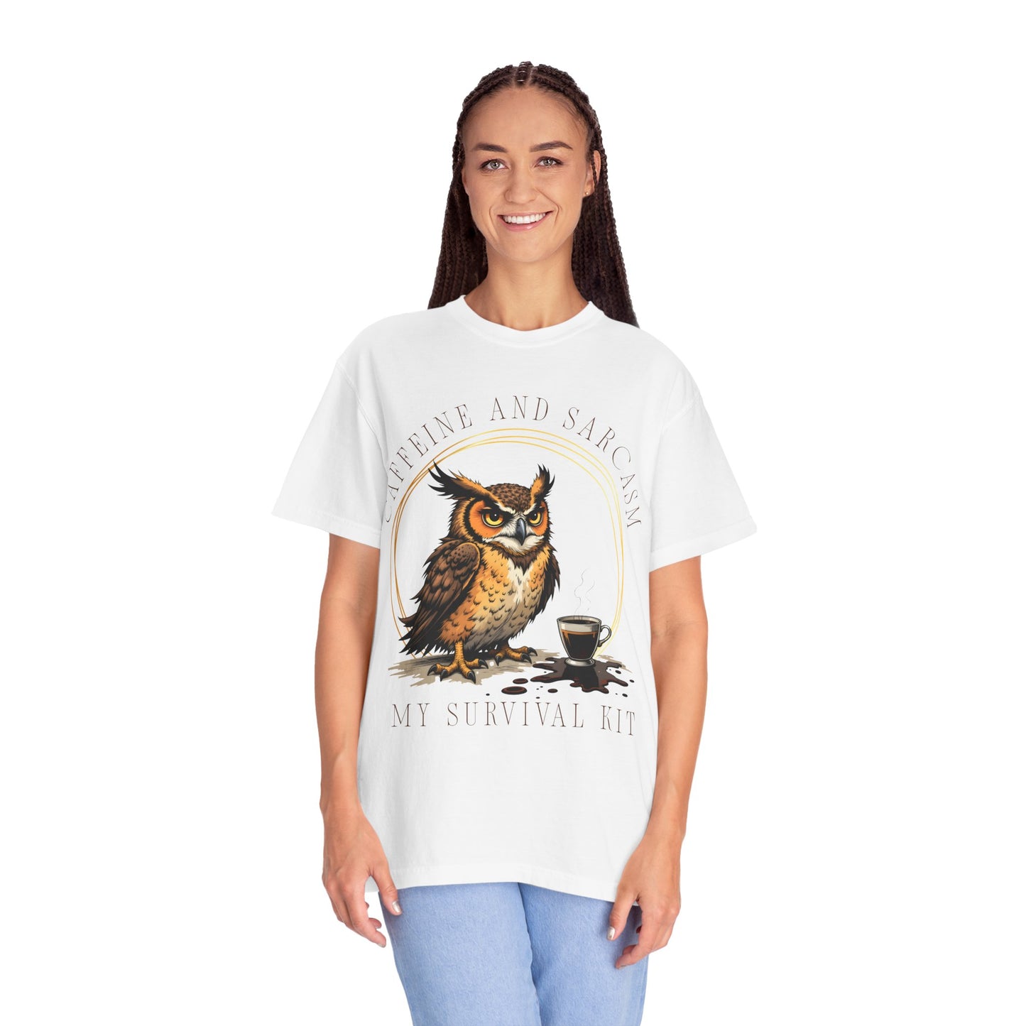 Coffee & Sarcasm Owl T-Shirt — "My Survival Kit" Graphic Tee