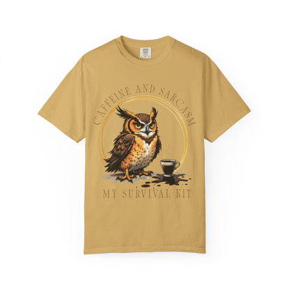 Coffee & Sarcasm Owl T-Shirt — "My Survival Kit" Graphic Tee