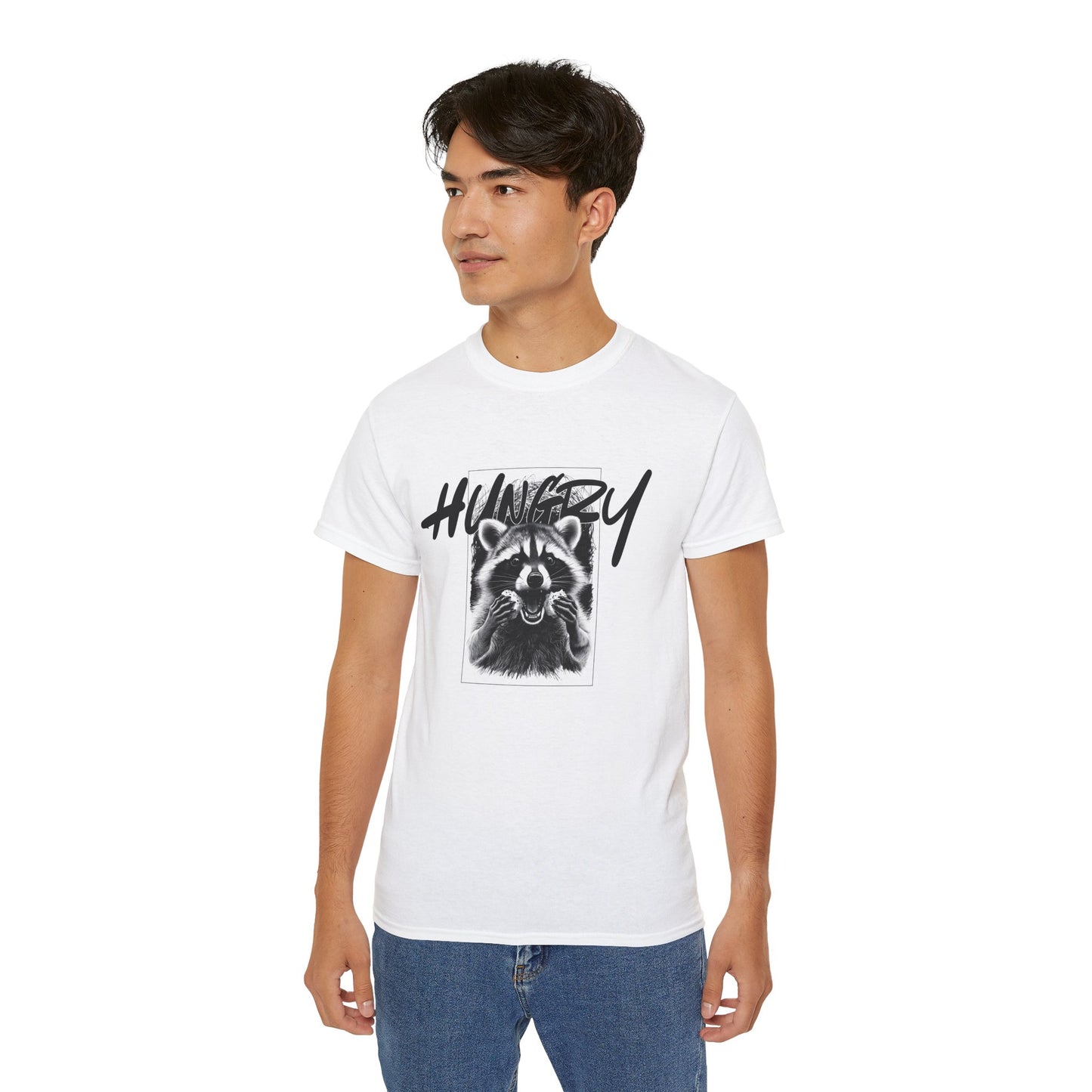 Hungry Raccoon Graphic Tee – Vintage Black & White Animal T-Shirt