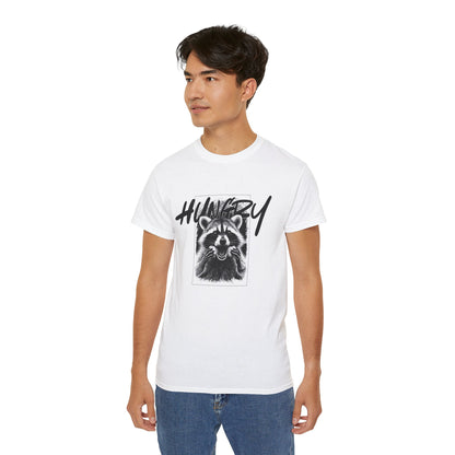Hungry Raccoon Graphic Tee – Vintage Black & White Animal T-Shirt
