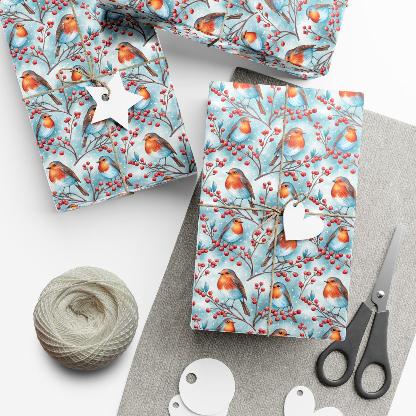 Robin & Berries Gift Wrap Paper — Winter Holiday Wrapping Sheets