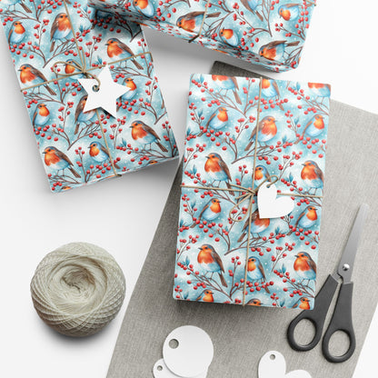 Robin & Berries Gift Wrap Paper — Winter Holiday Wrapping Sheets